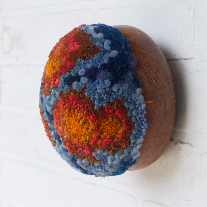 Puff Fiber Sculpture in Teak Frame | Orange + Blue