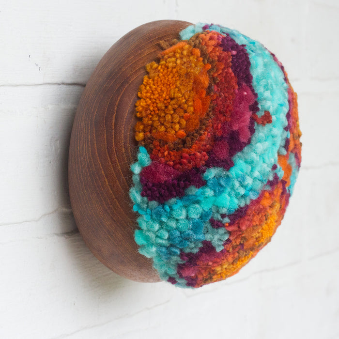 Puff Fiber Sculpture in Teak Frame | Orange + Turquoise