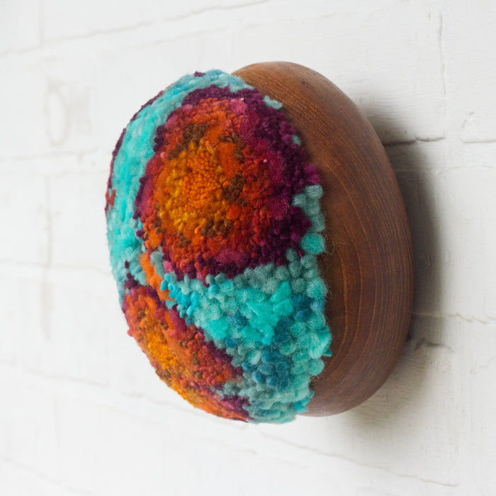 Puff Fiber Sculpture in Teak Frame | Orange + Turquoise