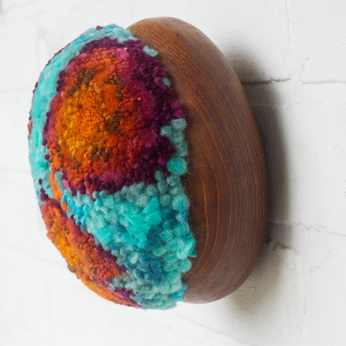 Puff Fiber Sculpture in Teak Frame | Orange + Turquoise