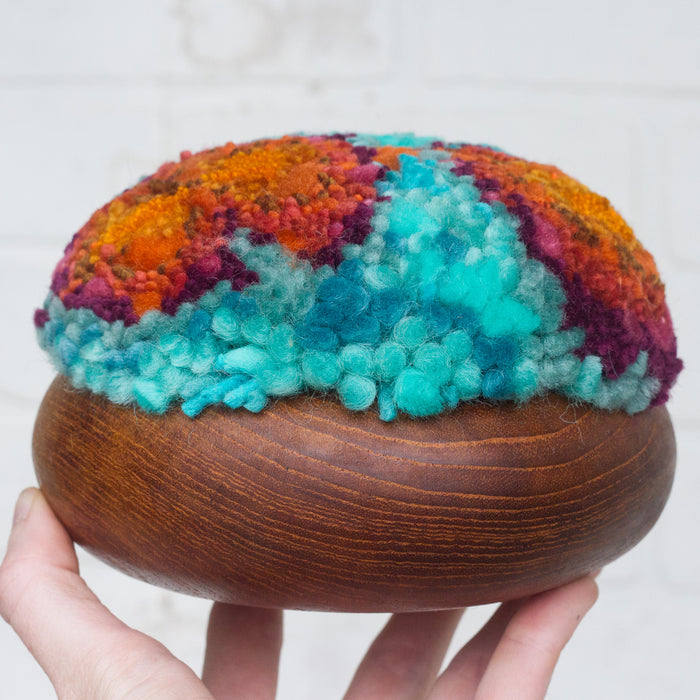 Puff Fiber Sculpture in Teak Frame | Orange + Turquoise