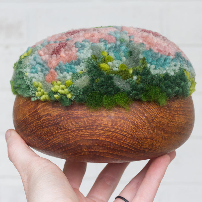 Puff Fiber Sculpture in Teak Frame | Pink + Green