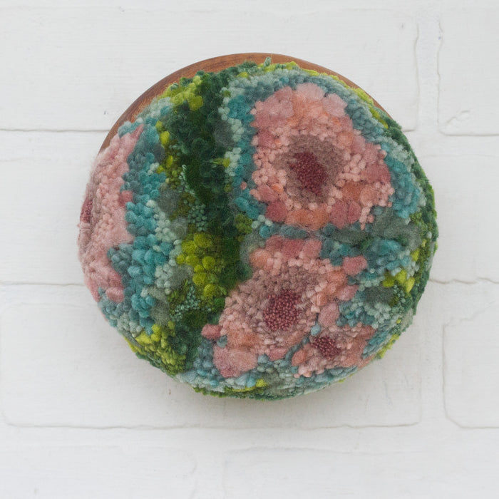 Puff Fiber Sculpture in Teak Frame | Pink + Green