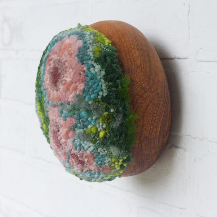 Puff Fiber Sculpture in Teak Frame | Pink + Green