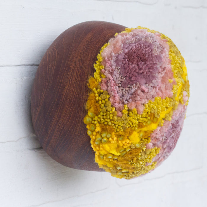 Puff Fiber Sculpture in Teak Frame | Pink + Yellow