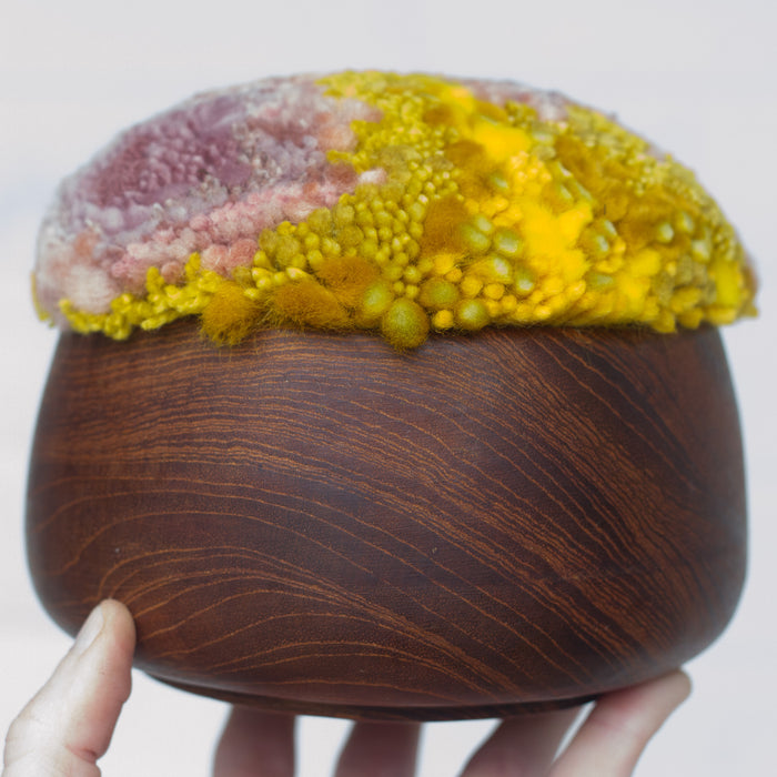 Puff Fiber Sculpture in Teak Frame | Pink + Yellow