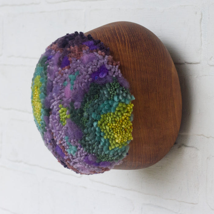 Puff Fiber Sculpture in Teak Frame | Purple + Green