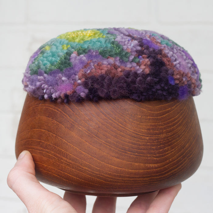 Puff Fiber Sculpture in Teak Frame | Purple + Green