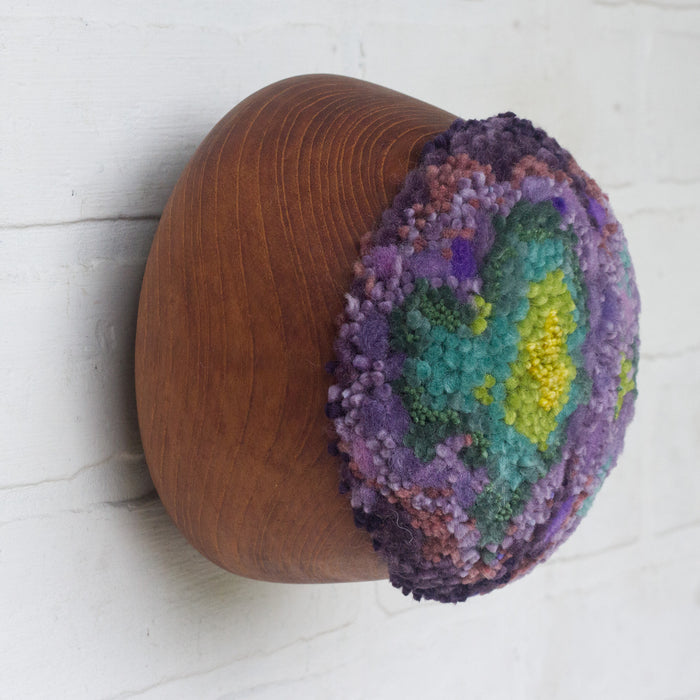 Puff Fiber Sculpture in Teak Frame | Purple + Green