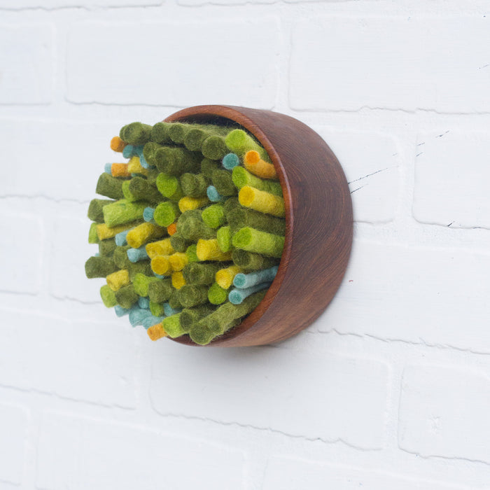 Puff | Green Felted Wools | Fiber Sculpture in Vintage Teak Bowl 1/2