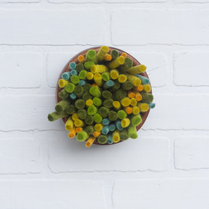 Puff | Green Felted Wools | Fiber Sculpture in Vintage Teak Bowl 2/2