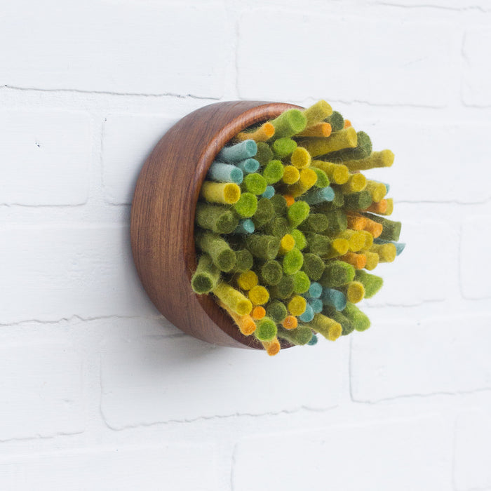 Puff | Green Felted Wools | Fiber Sculpture in Vintage Teak Bowl 2/2
