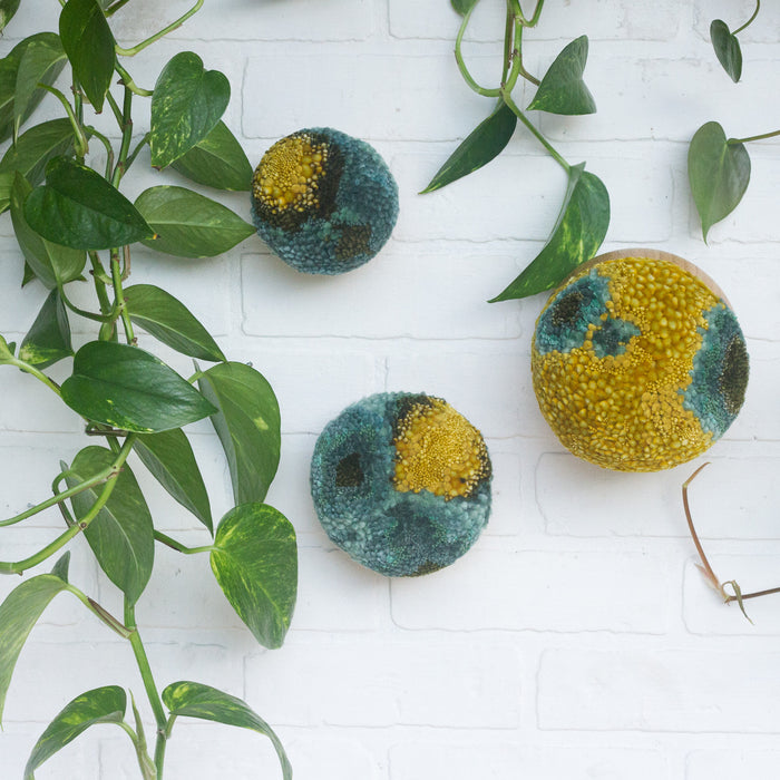 Puff Trio | Bamboo Bowls in 3 Sizes with Mustard + Green Puffs