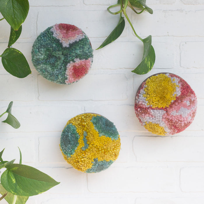 Puff Trio | Swedish Teak Puffs in Seafoam, Pinks and Mustard
