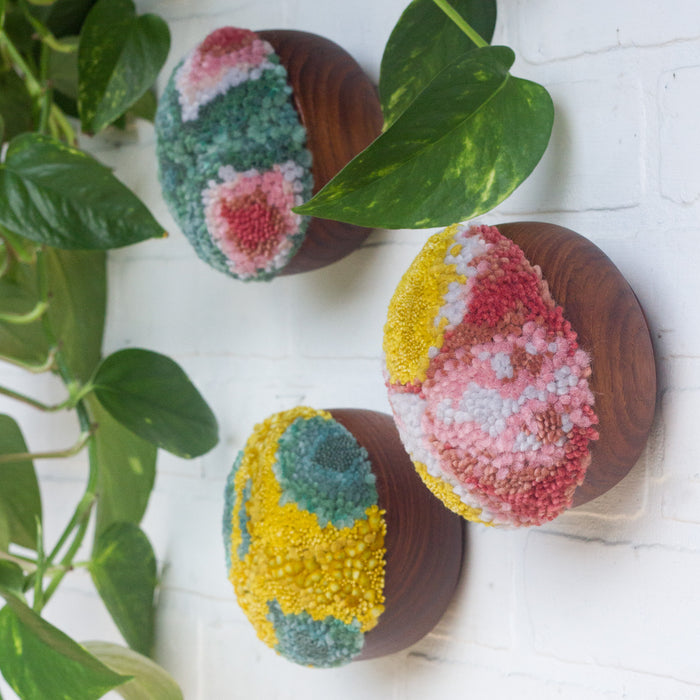 Puff Trio | Swedish Teak Puffs in Seafoam, Pinks and Mustard
