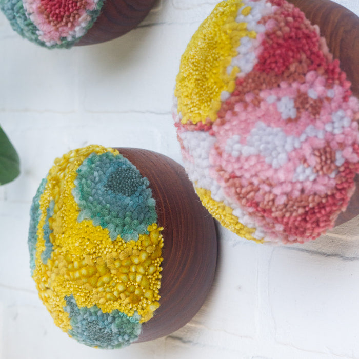 Puff Trio | Swedish Teak Puffs in Seafoam, Pinks and Mustard