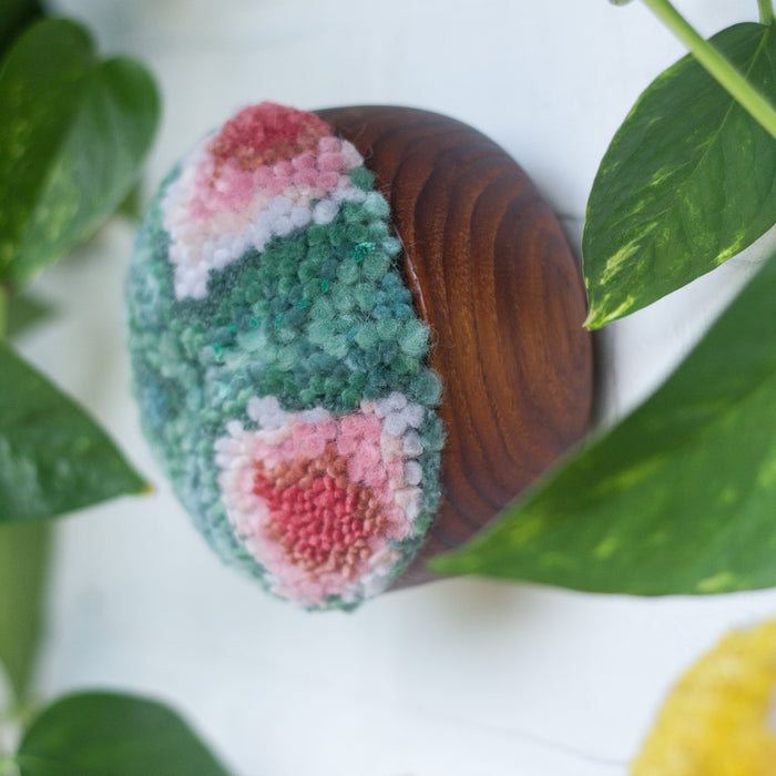 Puff Trio | Swedish Teak Puffs in Seafoam, Pinks and Mustard