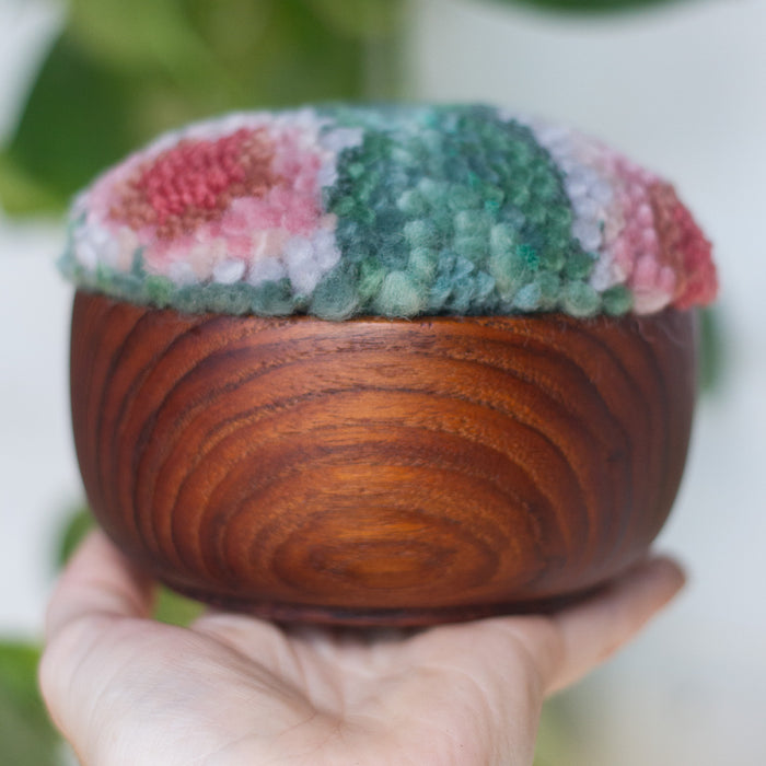 Puff Trio | Swedish Teak Puffs in Seafoam, Pinks and Mustard