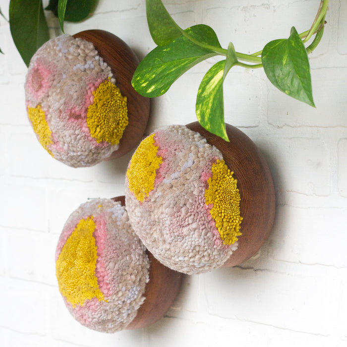 Puff Trio | Vintage Teak Rounded Bowls with Mustard + Mauve Puffs
