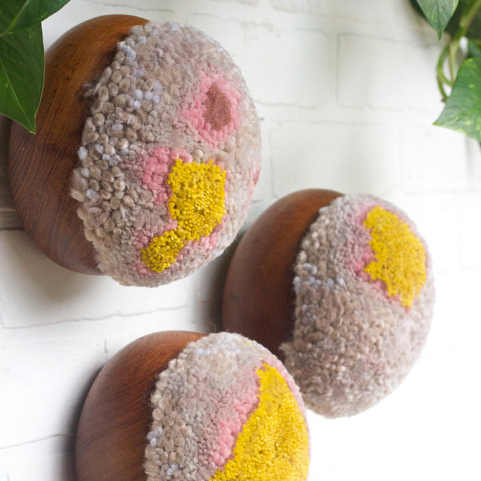 Puff Trio | Vintage Teak Rounded Bowls with Mustard + Mauve Puffs