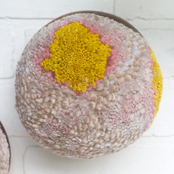 Puff Trio | Vintage Teak Rounded Bowls with Mustard + Mauve Puffs