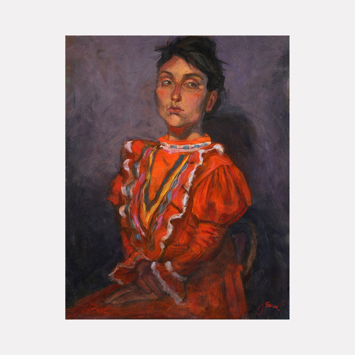 The artwork 'Quinceañera' by JaeMe Bereal features a portrait against a deep purple background, wearing a vibrant red traditional dress with white ruffled trim and colorful ribbons. The dress has puffy sleeves and ornate detailing characteristic of Latin American ceremonial attire. Painted in expressive acrylic strokes on board, creating rich texture and dramatic contrast.