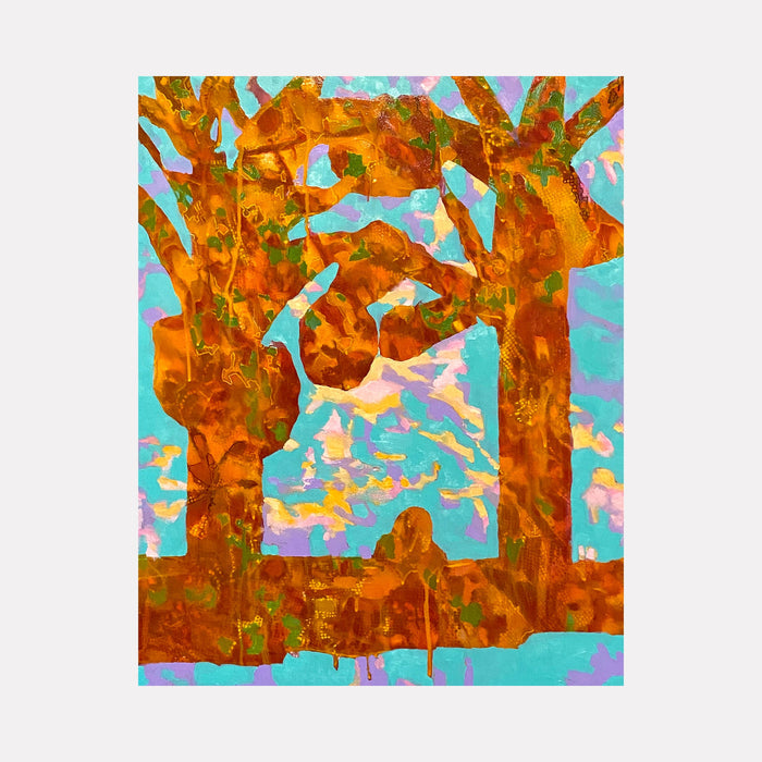 The artwork 'Rest' by Rebecca Darlington features vibrant orange-brown tree silhouettes against a turquoise sky, created with spray paint and oil on panel. The abstract trees have organic, flowing forms with textured bark patterns and intertwining branches, creating a peaceful forest scene with dreamy, ethereal qualities. 30x24 inches. By Rebecca Darlington.