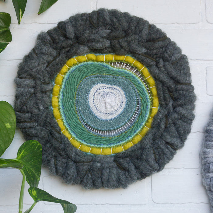 Round Woven Wall Hanging | Greens + Blues on Steel Hoop