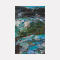 The artwork 'Sea Change' by Christopher Blyth features abstract layers of deep turquoise, emerald green, and stormy grays in encaustic and mixed media. Dynamic brushstrokes and collage elements create a turbulent seascape effect, with textural passages suggesting waves and coastal elements merging in an atmospheric composition.