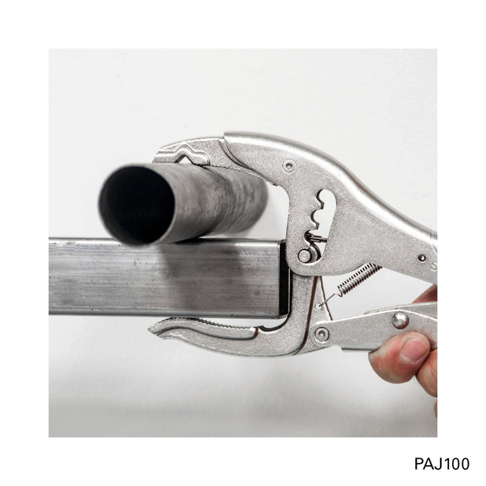 StrongHand PAJ100 pliers holding round pipe against square tube; material shown for demonstration.