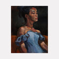 The artwork 'Summer Blue' by JaeMe Bereal features an artistic portrait in acrylic on board, depicting a figure in an off-shoulder powder blue dress with ruffled details against a dark background. The painting showcases dramatic lighting, rich earthy tones, and expressive brushwork characteristic of contemporary portraiture. 14x11 inches. By JaeMe Bereal.