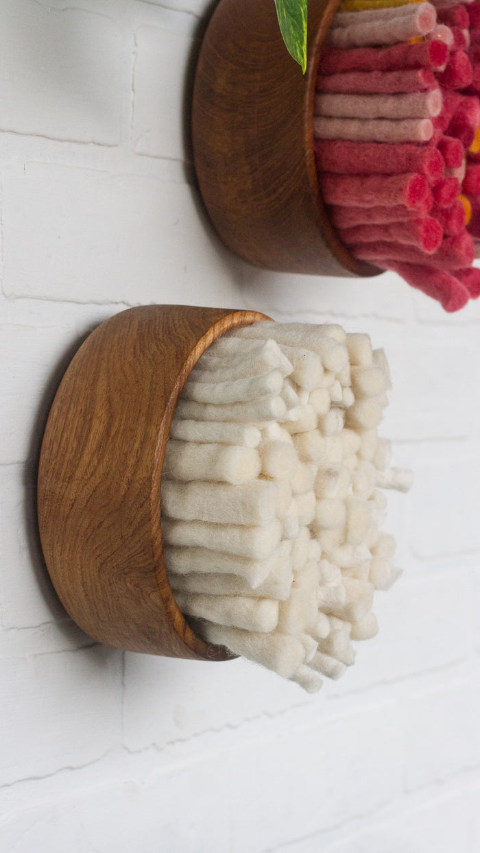 The Puff Collection | Round Teak Frame Felted Fiber Art in All White