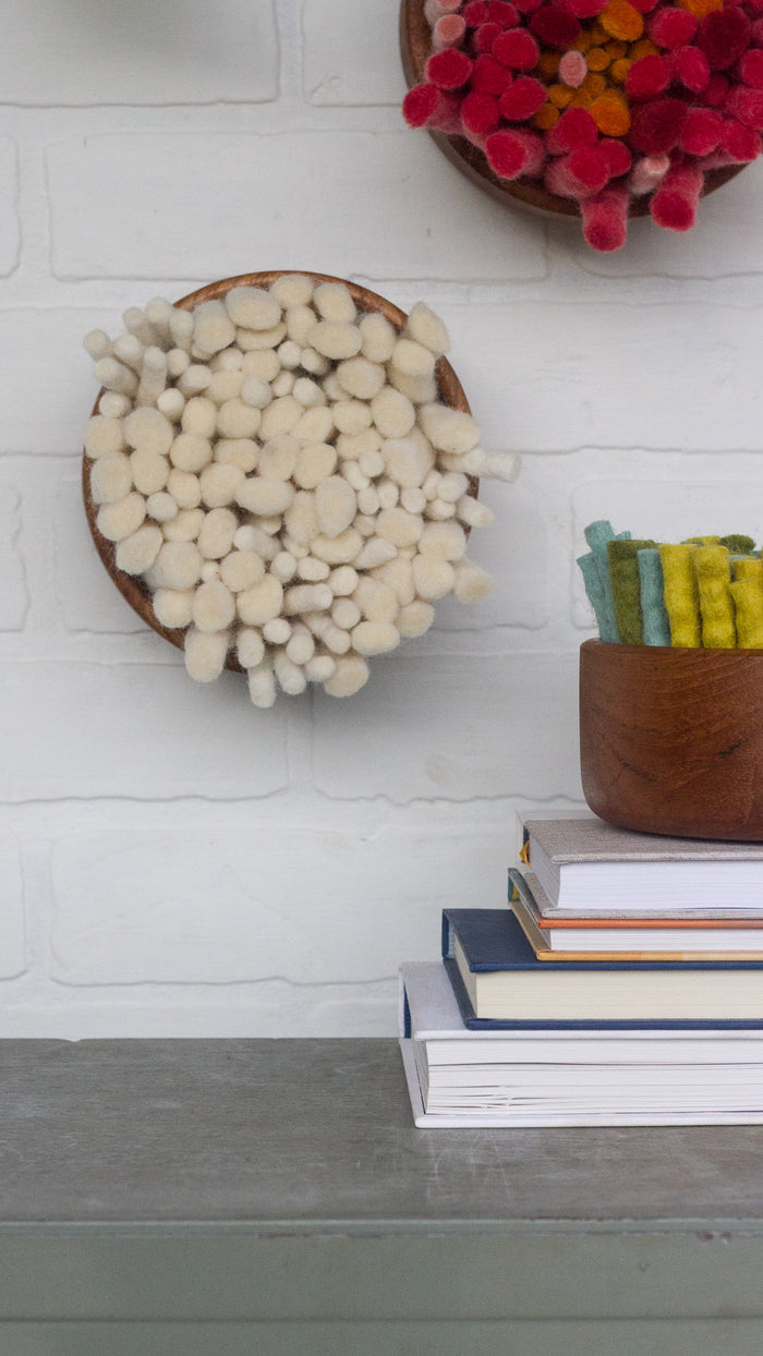The Puff Collection | Round Teak Frame Felted Fiber Art in All White