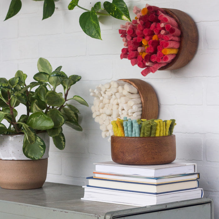 The Puff Collection | Round Teak Frame Felted Fiber Art in All White