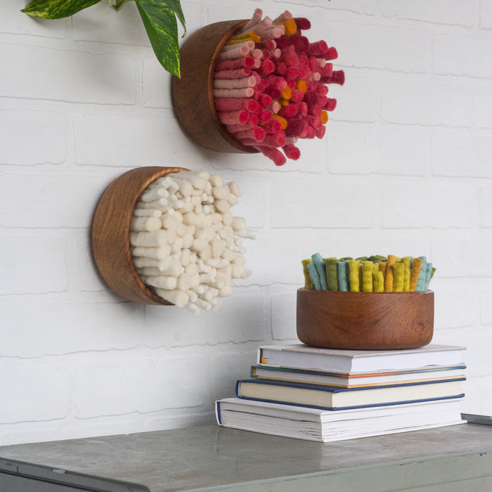 The Puff Collection | Round Teak Frame Felted Fiber Art in All White