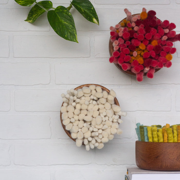 The Puff Collection | Round Teak Frame Felted Fiber Art in All White