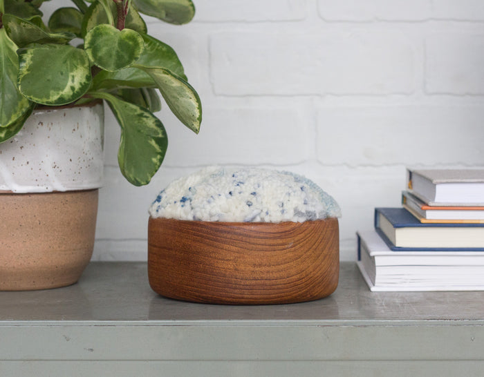 The Puff Collection | Round Teak Frame with Fiber Art in Blues and Whites