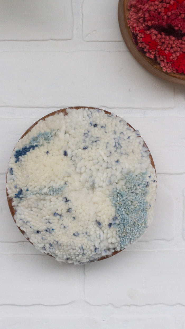 The Puff Collection | Round Teak Frame with Fiber Art in Blues and Whites