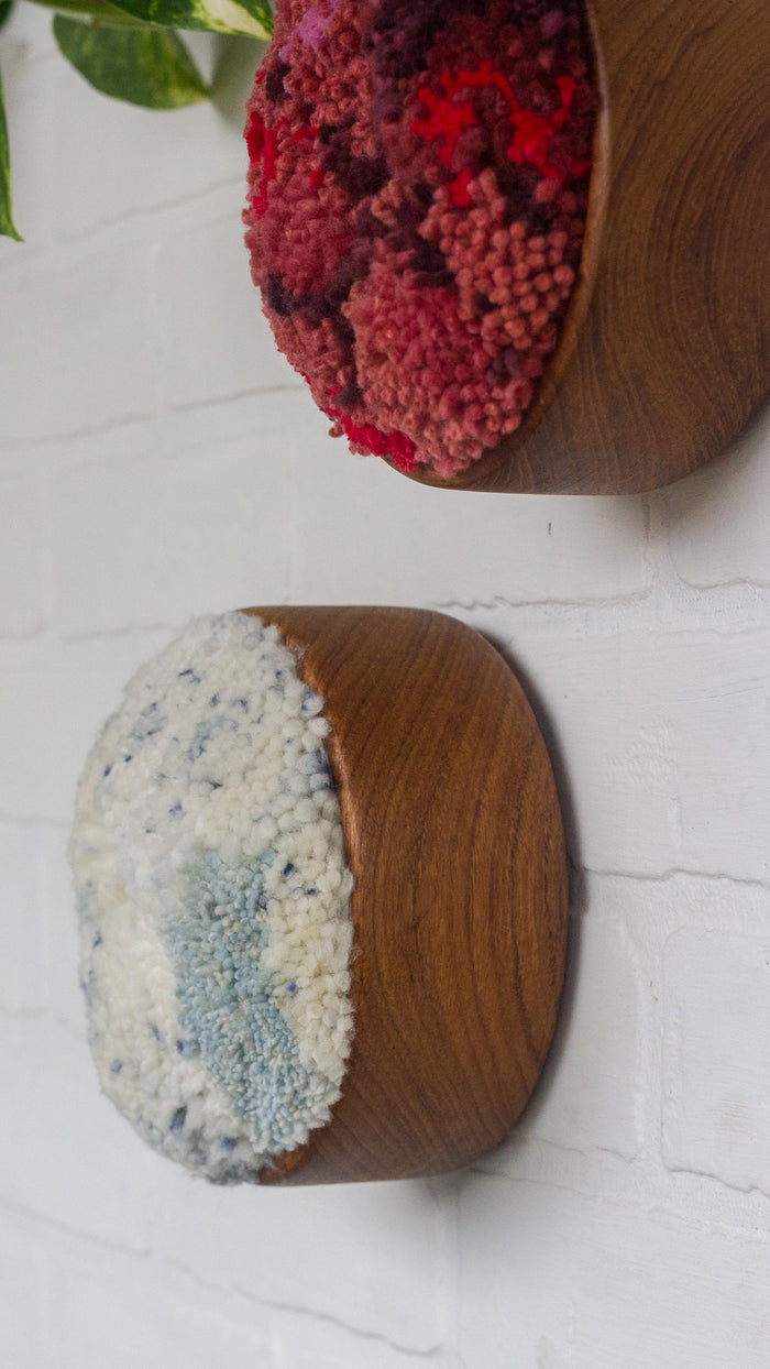 The Puff Collection | Round Teak Frame with Fiber Art in Blues and Whites