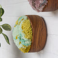The Puff Collection | Round Teak Frame with Fiber Art in Chartreuse, Teal, Blue and Green