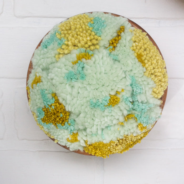 The Puff Collection | Round Teak Frame with Fiber Art in Chartreuse, Teal, Blue and Green