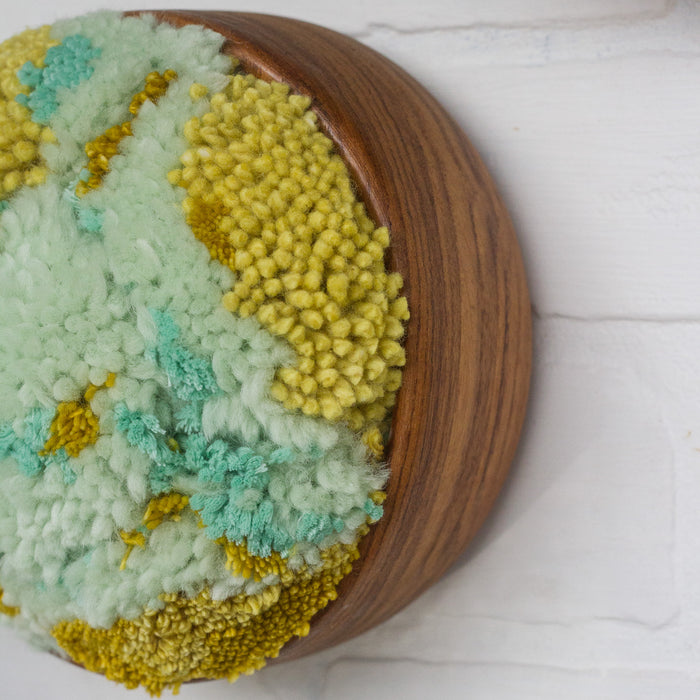 The Puff Collection | Round Teak Frame with Fiber Art in Chartreuse, Teal, Blue and Green