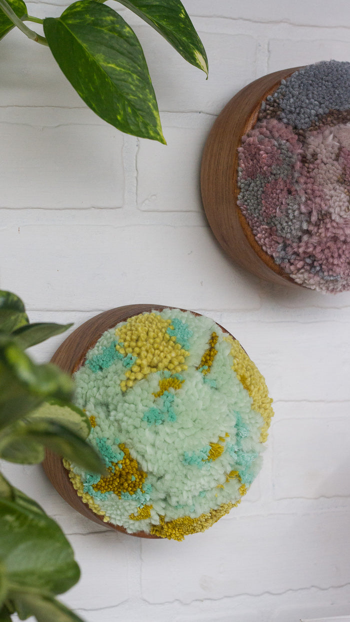 The Puff Collection | Round Teak Frame with Fiber Art in Chartreuse, Teal, Blue and Green