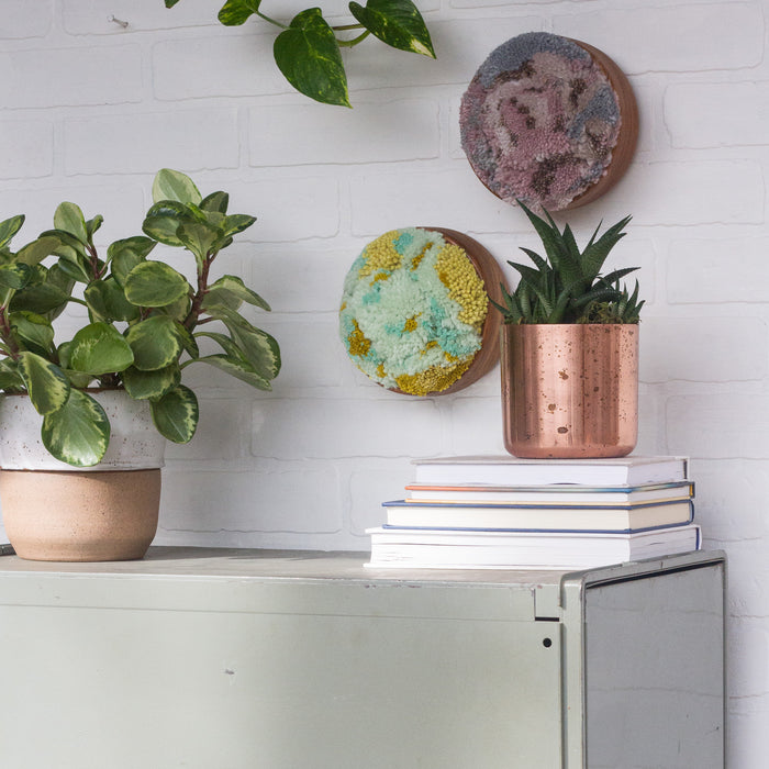 The Puff Collection | Round Teak Frame with Fiber Art in Chartreuse, Teal, Blue and Green