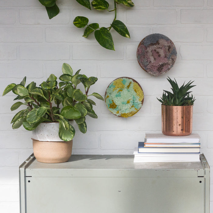 The Puff Collection | Round Teak Frame with Fiber Art in Chartreuse, Teal, Blue and Green