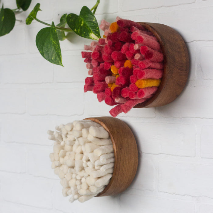 The Puff Collection | Round Teak Frame with Fiber Art in Felted Guava and Red