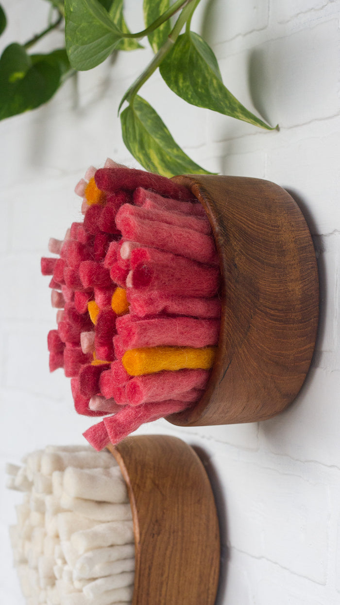The Puff Collection | Round Teak Frame with Fiber Art in Felted Guava and Red
