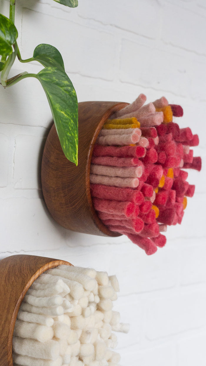The Puff Collection | Round Teak Frame with Fiber Art in Felted Guava and Red