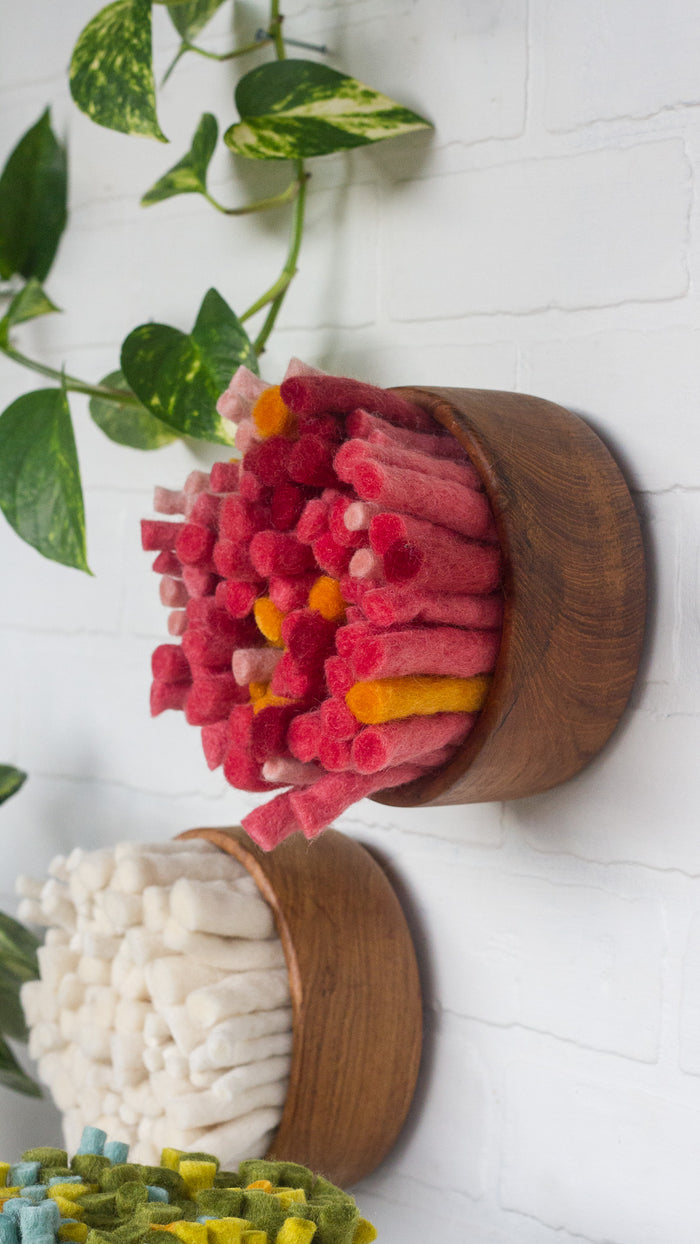 The Puff Collection | Round Teak Frame with Fiber Art in Felted Guava and Red