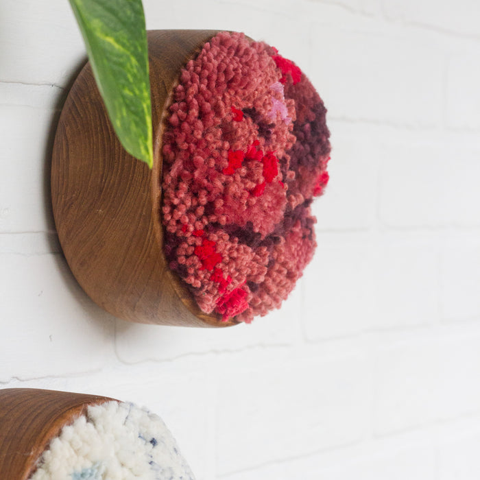 The Puff Collection | Round Teak Frame with Fiber Art in Reds and Pinks